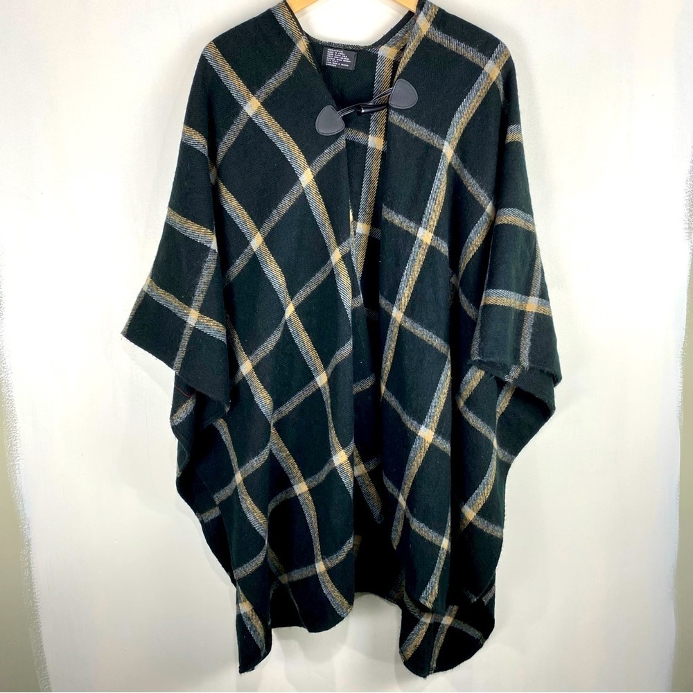 Oversized Plaid Toggle Flowy Drapey Slouchy‎ Shawl Poncho Cardigan Sweater Wrap